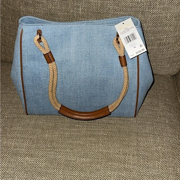 $258 Michael Kors Talia Large Grab Bag Tote Purse Washed Denim NWT - Picture 2 of 7